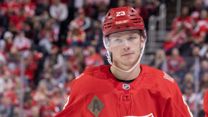 Lucas Raymond #23 of the Detroit Red Wings skates around on a play stoppage against the Montréal Canadiens during the first period at Little Caesars Arena on October 9, 2025 in Detroit, Michigan. (Photo by Dave Reginek/NHLI via Getty Images)