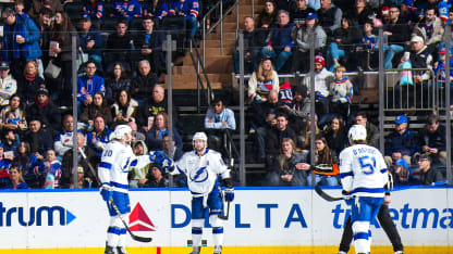 Nick Paul #20 of the Tampa Bay Lightning celebrates with teammates after scoring a goal in the third period against the New York Rangers at Madison Square Garden on November 29, 2025 in New York City. (Photo by Jared Silber/NHLI via Getty Images)