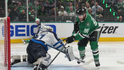 Connor Hellebuyck #37 of the Winnipeg Jets makes a save against Mikko Rantanen #96 of the Dallas Stars in the third period of Game Six of the Second Round of the 2025 Stanley Cup Playoffs at the American Airlines Center on may 17, 2025 in Dallas, Texas. (Photo by Glenn James/NHLI via Getty Images)