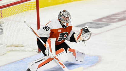 Philadelphia Flyers goaltender Dan Vladar #80 tends net during game four of the NHL Stanley Cup Playoffs Second Round between the Philadelphia Flyers and the Carolina Hurricanes on May 7th, 2026 at the Xfinity Mobile Arena in Philadelphia, PA. (Photo by Terence Lewis/Icon Sportswire via Getty Images)