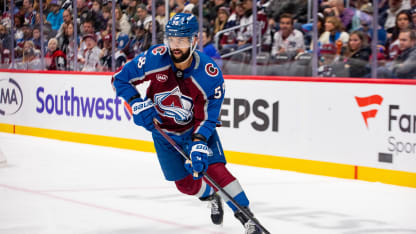 Oliver Kylington #58 of the Colorado Avalanche skates with the puck during the game against the Vegas Golden Knights at Ball Arena on November 27, 2024 in Denver, Colorado. (Photo by Ashley Potts/NHLI via Getty Images)