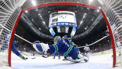 Arturs Silovs #31 of the Vancouver Canucks makes a glove save in Game Seven of the Second Round of the 2024 Stanley Cup Playoffs against the Edmonton Oilers at Rogers Arena on May 20, 2024 in Vancouver, British Columbia, Canada. (Photo by Jeff Vinnick/NHLI via Getty Images)