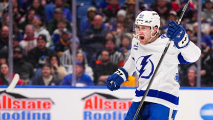 BUFFALO, NEW YORK - MARCH 08: J.J. Moser #90 of the Tampa Bay Lightning reacts to scoring his team's fourth goal during an NHL game against the Buffalo Sabres on March 08, 2026 at KeyBank Center in Buffalo, New York. (Photo by Bjorn Franke/NHLI via Getty Images)
