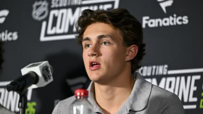 Chase Reid speaks at the NHL Combine Media Availability during the NHL Combine at LECOM Harborcenter on June 05, 2026 in Buffalo, New York. (Photo by Joe Hrycych/NHLI via Getty Images)