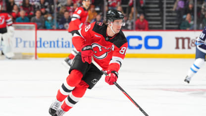 Jack Hughes #86 of the New Jersey Devils skates during the first period of the game against the Winnipeg Jets on January 27, 2026 at the Prudential Center in Newark, New Jersey. (Photo by Rich Graessle/NHLI via Getty Images)