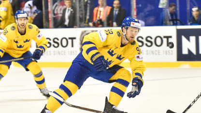 Gabriel Landeskog #92 of Sweden tries to catch the puck during the 2019 IIHF Ice Hockey World Championship Slovakia quarter final game between Finland and Sweden at Steel Arena on May 23, 2019 in Kosice, Slovakia. (Photo by Lukasz Laskowski/PressFocus/MB Media/Getty Images)