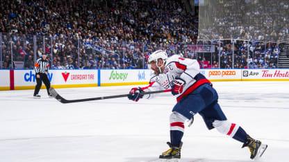 Alex Ovechkin #8 of the Washington Capitals shoots the puck during the third period against the Toronto Maple Leafs at the Scotiabank Arena on December 28, 2024 in Toronto, Ontario, Canada. (Photo by Kevin Sousa/NHLI via Getty Images)