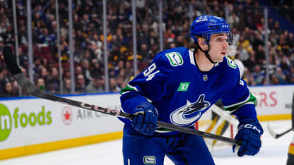 Linus Karlsson #94 of the Vancouver Canucks skates during the first period of their NHL game against the Vegas Golden Knights at Rogers Arena on April 16, 2025 in Vancouver, Canada. (Photo by Derek Cain/Getty Images)