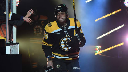 David Pastrnak #88 of the Boston Bruins skates out during the opening ceremony before the game against the Montreal Canadiens on October 10, 2024, at the TD Garden in Boston, Massachusetts