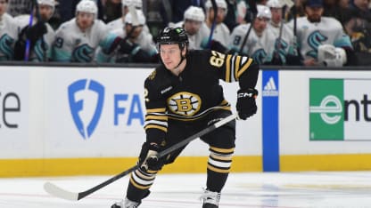 Oskar Steen #62 of the Boston Bruins skates against the Seattle Kraken at the TD Garden on February 15, 2024 in Boston, Massachusetts. (Photo by Steve Babineau/NHLI via Getty Images)