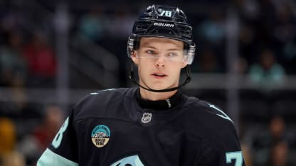 Oscar Fisker Molgaard #78 of the Seattle Kraken warms up before a preseason game against the Edmonton Oilers at Climate Pledge Arena on October 01, 2025 in Seattle, Washington. (Photo by Steph Chambers/Getty Images)
