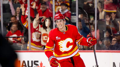Calgary Flames left wing Samuel Honzek (29) celebrates after scoring a goal against the San Jose Sharks during the third period of an NHL game on November 13, 2025, at the Scotiabank Saddledome in Calgary, AB. (Photo by Brett Holmes/Icon Sportswire via Getty Images)