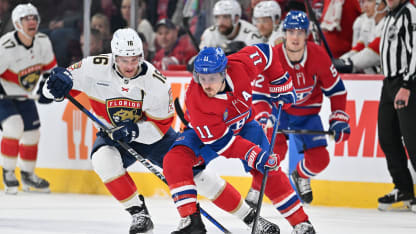 Brendan Gallagher #11 of the Montreal Canadiens skates the puck against Aleksander Barkov #16 of the Florida Panthers during the first period at the Bell Centre on November 30, 2023 in Montreal, Quebec, Canada. (Photo by Minas Panagiotakis/Getty Images)