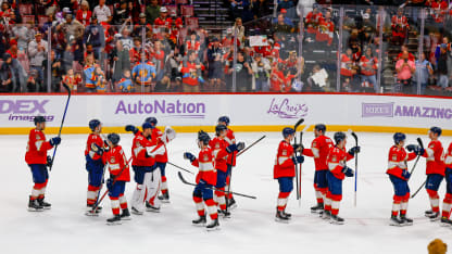 Florida Panthers players celebrate their 5-0 win during the game between the Winnipeg Jets and the Florida Panthers on Thursday November 16, 2024 at Amerant Bank Arena in Sunrise, Fla.(Photo by Chris Arjoon/Icon Sportswire via Getty Images)