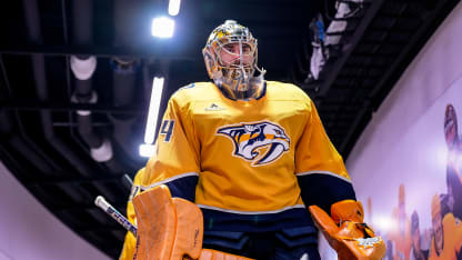 Juuse Saros #74 of the Nashville Predators leads the team to the ice for an NHL game against the St. Louis Blues at Bridgestone Arena on February 2, 2026 in Nashville, Tennessee. (Photo by John Russell/NHLI via Getty Images)