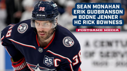 Sean Monahan, Erik Gudbranson, Boone Jenner and Head Coach Rick Bowness | Postgame Media