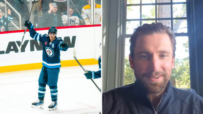 Blake Wheeler congratulates Mark Scheifele on Jets points record