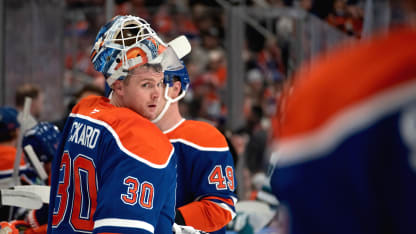 Calvin Pickard #30 of the Edmonton Oilers looks on during a stoppage in play during the game against the San Jose Sharks at Rogers Place on April 11, 2025, in Edmonton, Alberta, Canada. (Photo by Leila Devlin/Getty Images)