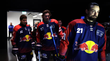 Nicolas Krämer of EHC Red Bull Munich looks on prior to the 2024 NHL Global Series Challenge Germany match between Buffalo Sabres and EHC Red Bull München at SAP Garden on September 27, 2024 in Munich, Germany. (Photo by Alexander Hassenstein/Getty Images)