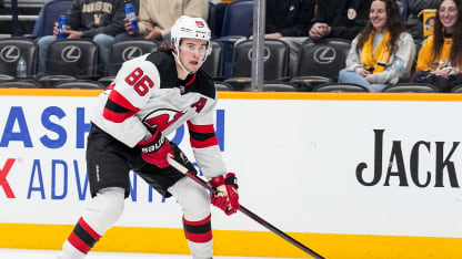 Jack Hughes #86 of the New Jersey Devils skates against the Nashville Predators during an NHL game at Bridgestone Arena on February 23, 2025 in Nashville, Tennessee. (Photo by John Russell/NHLI via Getty Images)