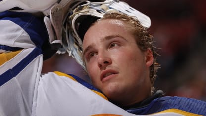 Goaltender Ukko-Pekka Luukkonen #1 of the Buffalo Sabres gathers his thoughts during a break in the action against the Florida Panthers at the Amerant Bank Arena on April 13, 2024 in Sunrise, Florida. (Photo by Eliot J. Schechter/NHLI via Getty Images)