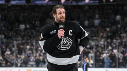 LOS ANGELES, CA - APRIL 11: Anze Kopitar #11 of the Los Angeles Kings speaks to the crowd after his final regular season home game after their victory against the Edmonton Oilers at Crypto.com Arena on April 11, 2026 in Los Angeles, California. (Photo by Juan Ocampo/NHLI via Getty Images