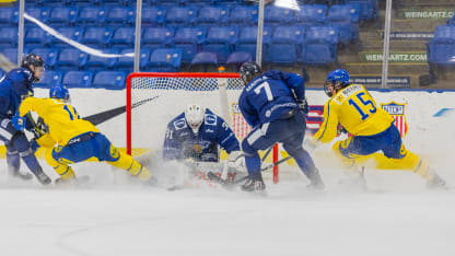 Kim Saarinen #31 of Team Finland looks on during the 2024 World Junior Summer Showcase between Finland and Sweden at USA Hockey Arena on August 3, 2024 in Plymouth, Michigan. (Photo by Michael Miller/ISI Photos/Getty Images)