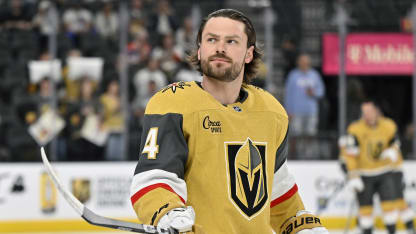 LAS VEGAS, NEVADA - MARCH 26: Rasmus Andersson #4 of the Vegas Golden Knights warms up before a game against the Edmonton Oilers at T-Mobile Arena on March 26, 2026 in Las Vegas, Nevada. (Photo by David Becker/NHLI via Getty Images)