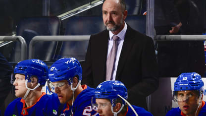 ELMONT, NEW YORK - APRIL 09: Head coach Peter DeBoer of the New York Islanders looks on during the game against the Toronto Maple Leafs at UBS Arena on April 09, 2026 in Elmont, New York. (Photo by Steven Ryan/NHLI via Getty Images)