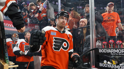 Rasmus Ristolainen #55 of the Philadelphia Flyers enters the ice surface for warm-ups against the Calgary Flames at the Wells Fargo Center on March 4, 2025 in Philadelphia, Pennsylvania. (Photo by Len Redkoles/NHLI via Getty Images)