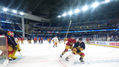 Donovan Sebrango #6 and Mackie Samoskevich #11 of the Florida Panthers skate after the puck during practice for the 2026 Discover NHL Winter Classic between the New York Rangers and the Florida Panthers at loanDepot park on January 01, 2026 in Miami, Florida. (Photo by Brian Babineau/NHLI via Getty Images)