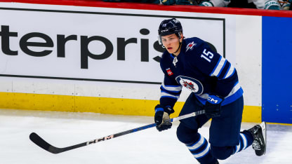 Rasmus Kupari #15 of the Winnipeg Jets skates during third period action against the San Jose Sharks at Canada Life Centre on February 24, 2025 in Winnipeg, Manitoba, Canada. (Photo by Jonathan Kozub/NHLI via Getty Images)