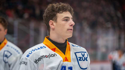 Leon Muggli #41 of EV Zug looks on during the National League match between Lausanne HC and EV Zug at Vaudoise Arena on October 4, 2024 in Lausanne, Switzerland. (Photo by RvS.Media/Monika Majer/Getty Images)