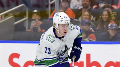 Jonathan Lekkerimaki #23 of the Vancouver Canucks in action during the preseason game against the Edmonton Oilers at Rogers Place on September 30, 2024, in Edmonton, Alberta, Canada. (Photo by Leila Devlin/Getty Images)