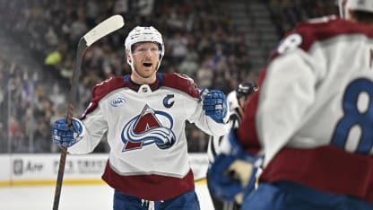 Gabriel Landeskog #92 of the Colorado Avalanche reacts after a goal by Martin Necas #88 during the second period against the Vegas Golden Knights at T-Mobile Arena on December 27, 2025 in Las Vegas, Nevada. (Photo by David Becker/NHLI via Getty Images)