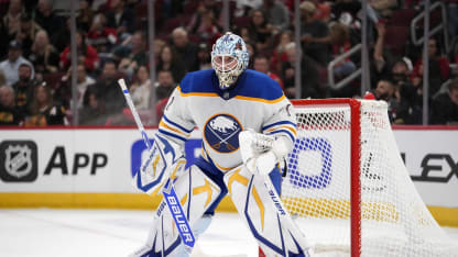 Ukko-Pekka Luukkonen #1 of the Buffalo Sabres tends the net against the Chicago Blackhawks during the second period at the United Center on October 19, 2024 in Chicago, Illinois. (Photo by Patrick McDermott/Getty Images)