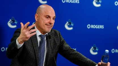 Vancouver Canucks head coach Rick Tocchet speaks to the media after their NHL game against the Vegas Golden Knights at Rogers Arena on April 16, 2025 in Vancouver, Canada. (Photo by Derek Cain/Getty Images)