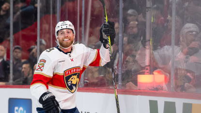 Sam Bennett #9 of the Florida Panthers celebrates after scoring a goal during the second period of the NHL regular season game against the Montreal Canadiens at the Bell Centre on January 8, 2026 in Montreal, Quebec, Canada. (Photo by Vitor Munhoz/NHLI via Getty Images)