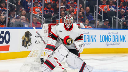 Ottawa Senators Goalie Linus Ullmark (35) makes a save in the first period of the Edmonton Oilers game versus the Ottawa Senators on December 22, 2024 at Rogers Place in Edmonton, AB. (Photo by Curtis Comeau/Icon Sportswire via Getty Images)