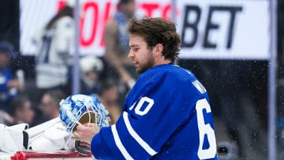 Joseph Woll #60 of the Toronto Maple Leafs before the game against the Boston Bruins in Game Six of the First Round of the 2024 Stanley Cup Playoffs at Scotiabank Arena on May 2, 2024 in Toronto, Ontario, Canada. (Photo by Michael Chisholm/NHLI via Getty Images)