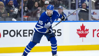 Oliver Ekman-Larsson #95 of the Toronto Maple Leafs shoots the puck against the Pittsburgh Penguins during the second period at the Scotiabank Arena on October 12, 2024 in Toronto, Ontario, Canada. (Photo by Mark Blinch/NHLI via Getty Images)