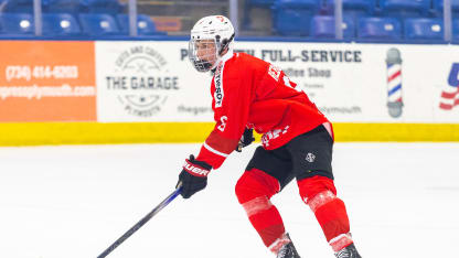 Jamiro Reber #6 of Team Switzerland skates with the puck during U18 Five Nations Tournament between Team Switzerland and Team USA at USA Hockey Arena on February 6, 2024 in Plymouth, Michigan. (Photo by Michael Miller/ISI Photos/Getty Images)