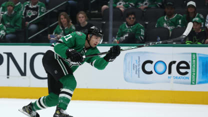 Jason Robertson #21 of the Dallas Stars shoots the puck during the third period against the Utah Hockey Club at American Airlines Center on April 12, 2025 in Dallas, Texas. (Photo by Sam Hodde/Getty Images)