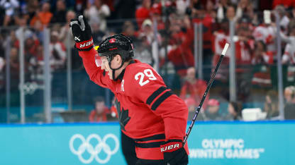 Nathan MacKinnon #29 of Team Canada celebrates scoring a goal in the third period during the Men's Semifinals Playoff match between Canada and Finland on day fourteen of the Milano Cortina 2026 Winter Olympic games at Milano Santagiulia Ice Hockey Arena on February 20, 2026 in Milan, Italy. (Photo by Elsa/Getty Images)