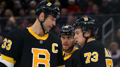 Zdeno Chara #33 of the Boston Bruins talks with David Pastrnak #88 and Charlie McAvoy during the second period at TD Garden on February 15, 2020 in Boston, Massachusetts. (Photo by Maddie Meyer/Getty Images)