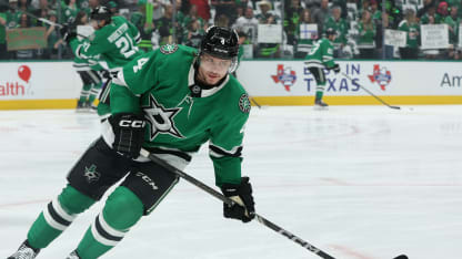 Miro Heiskanen #4 of the Dallas Stars warms up prior to Game Four of the Second Round in the 2025 Stanley Cup Playoffs against the Winnipeg Jets at American Airlines Center on May 13, 2025 in Dallas, Texas. (Photo by Sam Hodde/Getty Images)