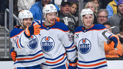 Viktor Arvidsson #33 of the Edmonton Oilers celebrates his goal with teammates during the second period against the Los Angeles Kings at Crypto.com Arena on December 28, 2024 in Los Angeles, California. (Photo by Juan Ocampo/NHLI via Getty Images)