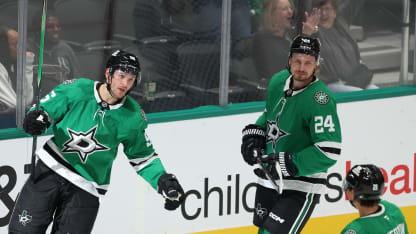 SEPTEMBER 23: Mikko Rantanen #96 of the Dallas Stars celebrates with Jason Robertson #21 and Roope Hintz #24 after scoring a goal during the third period of a preseason game against the Minnesota Wild at American Airlines Center on September 23, 2025 in Dallas, Texas. (Photo by Sam Hodde/Getty Images)
