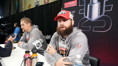 Nico Sturm #8 and Jonah Gadjovich #12 of the Florida Panthers speak during Media Day prior to the 2025 Stanley Cup Final between the Florida Panthers and the Edmonton Oilers at Rogers Place on June 03, 2025 in Edmonton, Alberta. (Photo by Brian Babineau/NHLI via Getty Images)