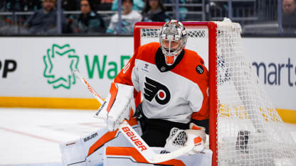 Goaltender Dan Vladar #80 of the Philadelphia Flyers defends the net during a game between the Philadelphia Flyers and Seattle Kraken on December 28, 2025, at Climate Pledge Arena in Seattle, Washington. (Photo by Henry Rodenburg/Icon Sportswire via Getty Images)
